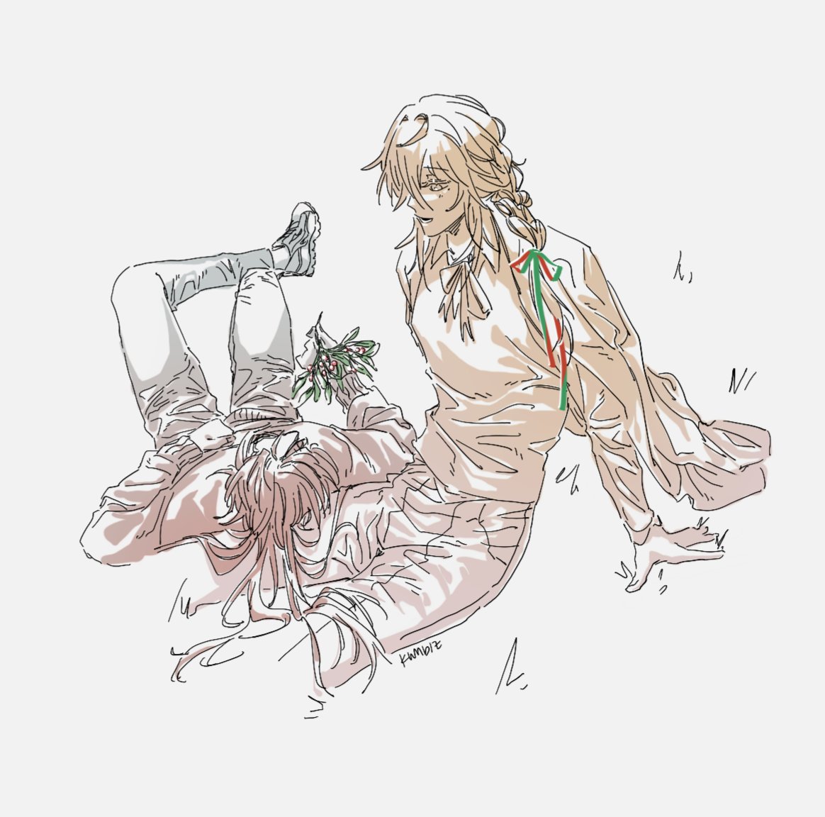 this drawing shows two men, one with long blond hair and one with shorter hair, the blond man stands and the other lays down. they are holding mistletoe and there is a lot of blush. it is an illustration about holiday romance and cheer.