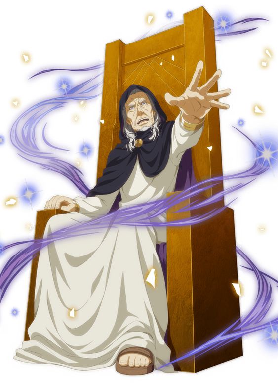 the image features an anime character, an old man with white hair and a beard, wearing a white robe and a purple cape, sitting on a golden throne. he has a serious expression and is reaching out with his hand, as if he's about to cast a spell or make a gesture. he is surrounded by glowing purple magical energy, creating a mystical aura around him.