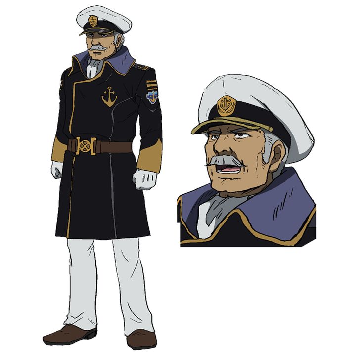 an anime character design of a sailor captain. the design shows the character from full body and a close up of his face. the character has gray hair, white mustache and beard, brown eyes, white gloves and a large black coat with gold trim. his hat is white with a gold band and a gold anchor design. the background is white.