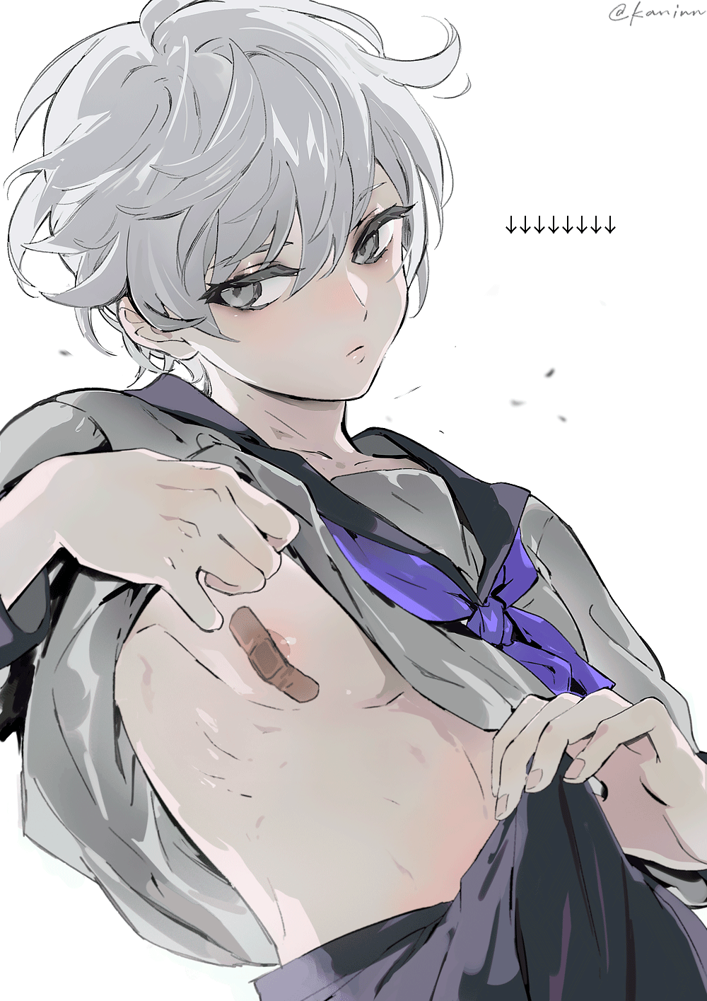 an anime boy with white hair and a band aid on his chest is looking at the viewer. he is wearing a gray school uniform and is pulling his shirt open to reveal the band aid. the boy's face is drawn in a serious manner. the image is set in front of a white background.