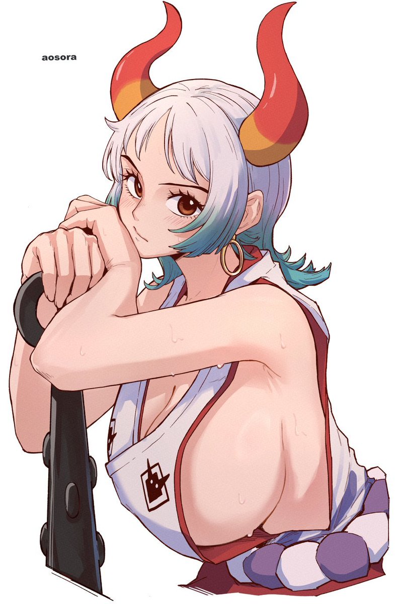 an anime girl with long white hair and red and yellow horns is sitting with a black staff in her hand, she's wearing a red and white outfit with silver earrings and is looking to the right side of the frame.