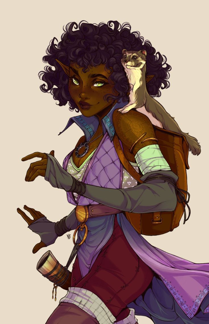 the image is a digital painting of a fantasy character, possibly an elf or halfelf with dark skin and curly dark hair. she has pointed ears and is dressed in a purple quilted vest over a maroon tunic and pants. she wears gloves and has a backpack on, suggesting she is a traveler or adventurer.  a ferret sits on her shoulder, possibly acting as a companion. she holds a small, possibly wooden object in her hand, which may be a container or some sort of tool. the style is reminiscent of fantasy roleplaying game character art, such as that found in dungeons & dragons or pathfinder. the background is a plain beige or offwhite color that allows the character to be the focus. the overall mood is adventurous and somewhat mysterious.