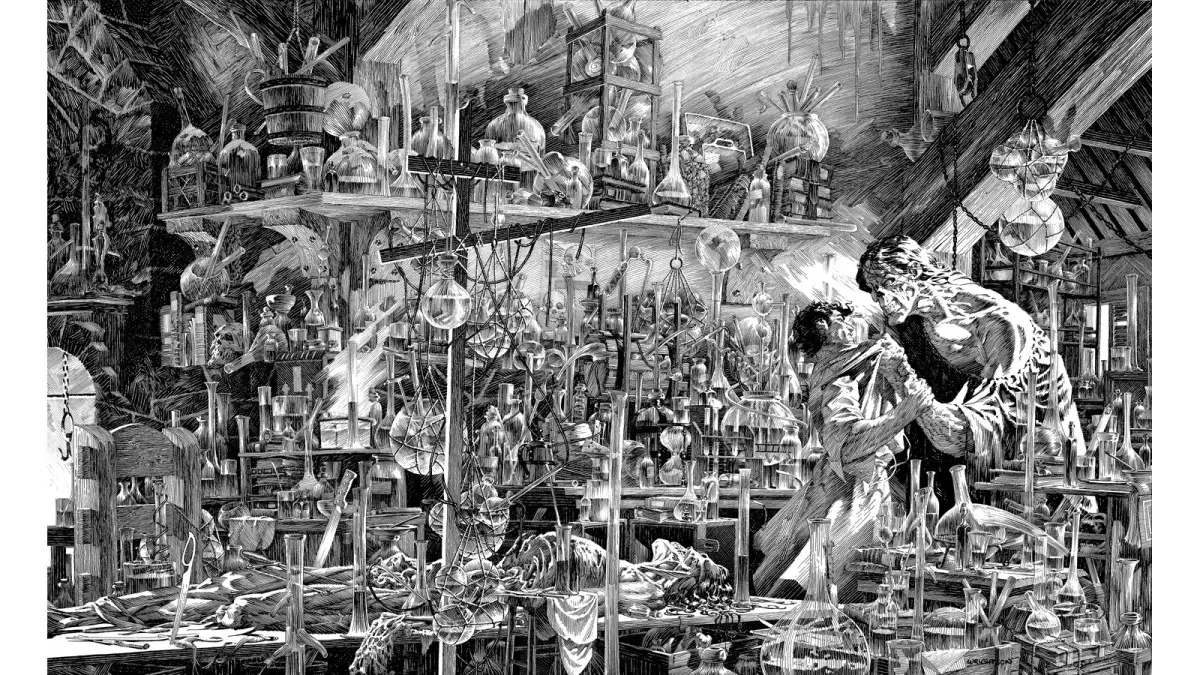 the image is a highly detailed pen and ink illustration, likely inspired by mary shelley's frankenstein. it depicts a cluttered laboratory filled with scientific equipment: beakers, flasks, tubes, and what appears to be a dissected creature on a table.  in the center, a man in a lab coat clutches a woman, his face buried in her shoulder.  his posture suggests despair or horror, potentially at the result of his experiment.  the scene is dramatically lit, with a strong light source illuminating the embracing figures, leaving the rest of the lab in shadow. this contrast emphasizes the drama and potential tragedy of the situation. the overall mood is dark, macabre, and suspenseful.