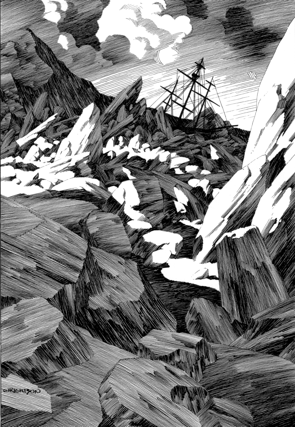 this is a black and white illustration of a ship run aground amidst a field of icebergs. the sharp, angular lines and high contrast lighting create a sense of drama and danger.  the ship itself is small in the frame, dwarfed by the towering icebergs, which emphasizes the perilousness of the situation.
