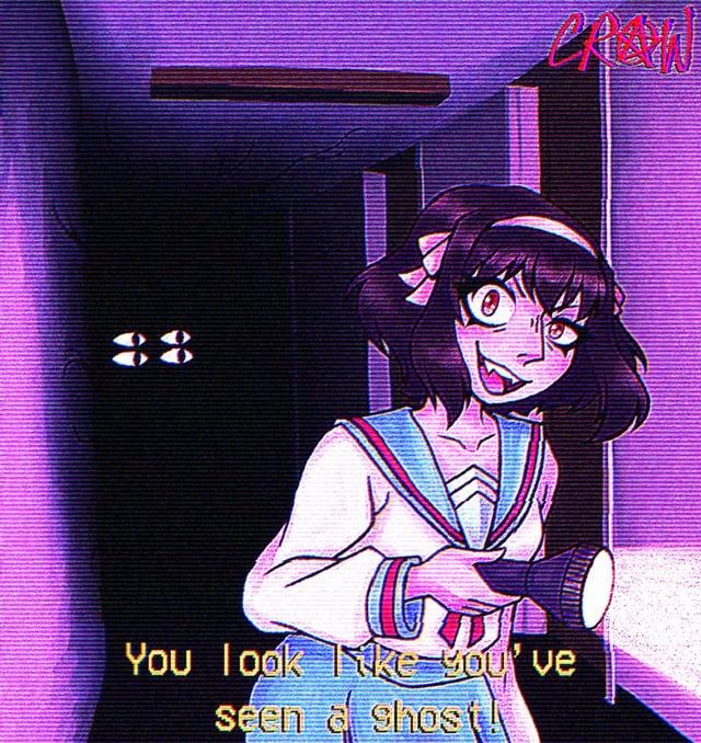 an anime girl with wide, manic eyes and a sharp grin illuminates a dark hallway with a flashlight. behind her, a shadowy figure with glowing eyes lurks. the image has a grainy, vhs aesthetic and is captioned with the phrase, "you look like you've seen a ghost!" in a retro font.  the scene is lit dramatically, with the flashlight casting a bright cone in the center of the image and the rest of the hallway shrouded in darkness.