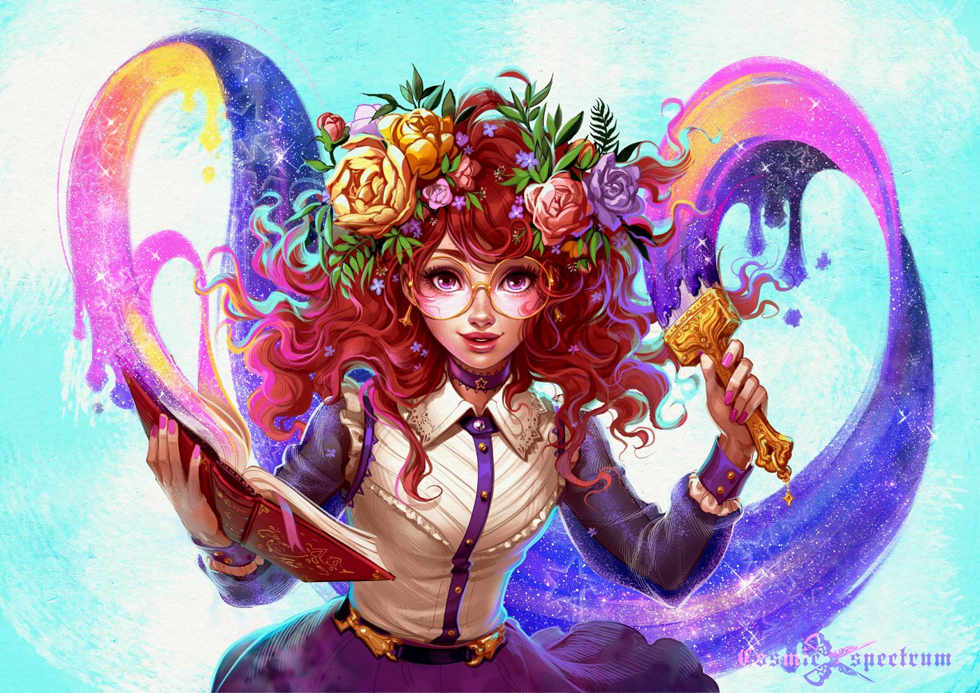 the image is a vibrant digital painting of a young woman with long, curly red hair adorned with a flower crown of yellow and pink roses. she wears a purple and white dress, round glasses and holds a large paintbrush dripping with cosmic, rainbowcolored paint and a book.  the paintbrush creates a flowing, glittering trail behind it, forming a heart shape. the background is a light teal,  further enhanced by a sparkling, cosmic effect. the overall style is highly stylized, blending elements of anime and fantasy art, creating a magical and whimsical atmosphere.  the artist's signature is subtly visible in the bottom right corner.
