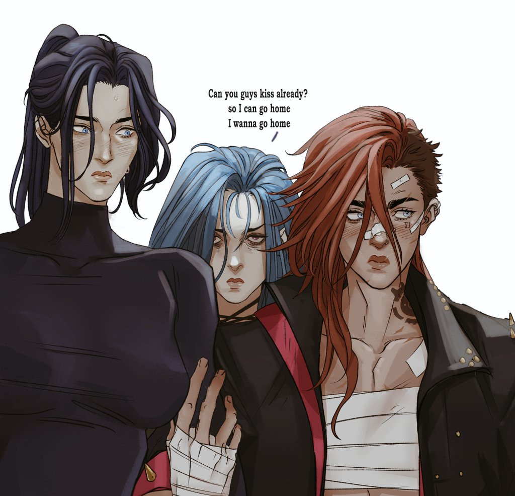 the image is fan art featuring characters from the animated series arcane: league of legends. it depicts caitlyn kiramman, vi, and jinx in a comedic situation. caitlyn and vi are positioned close to each other, suggesting romantic tension. jinx, standing slightly behind them, looks impatient and annoyed, with a speech bubble above her head expressing her desire for them to kiss so she can go home. the scene implies a lighthearted, frustrating moment of romantic comedy.