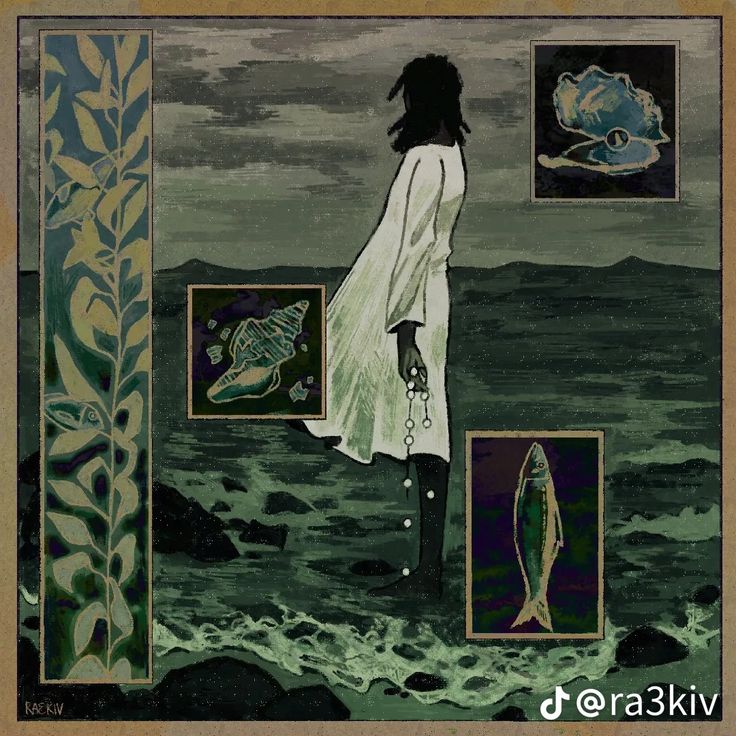 the image is a stylized artwork, possibly digital painting or illustration, depicting a woman in a long white dress standing on a dark, rocky seashore.  she appears calm and contemplative, and is holding a string of pearls.  the background is a moody seascape with dark greens and grays dominating the color palette.  surrounding the central figure are inset images of various seashells, an oyster containing a pearl, and a fish. a stylized depiction of kelp or seaweed is presented on the left. the overall style is evocative of vintage or art nouveau aesthetics, with a touch of the mystical or spiritual.