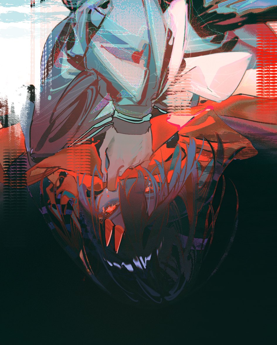 this is a digital painting depicting an abstract humanoid figure with a red and black color scheme. it features distorted and glitched shapes, creating a surreal and expressive atmosphere. the figure's form is fragmented and obscured by shadows, giving it a mysterious and otherworldly quality. it evokes feelings of energy, movement, and a sense of the occult.
