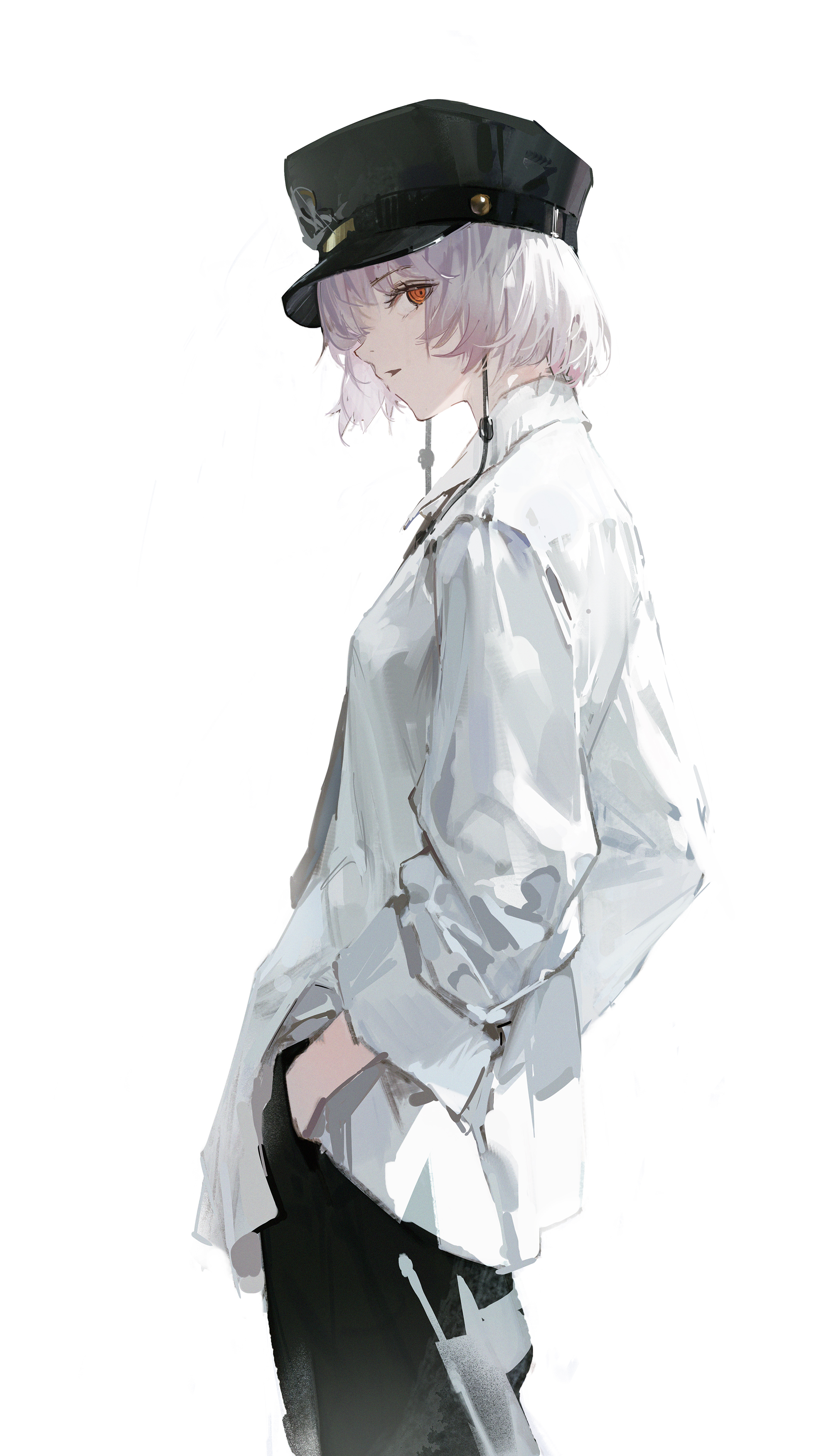 an anime girl with long purple hair, wearing a black hat and white shirt and black pants, standing in a white background.