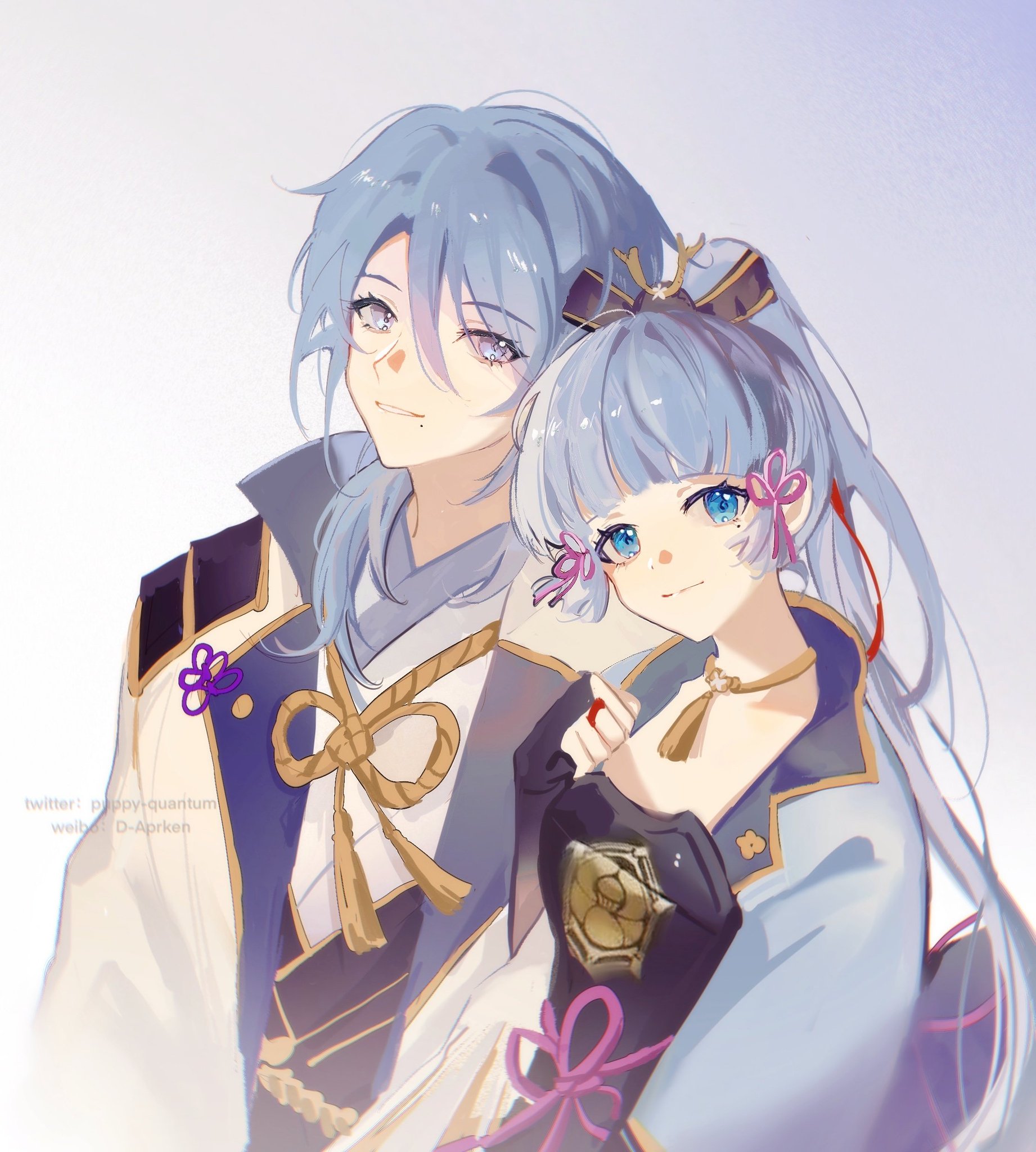 the image shows a couple of anime characters, both female, in a romantic setting. the characters are wearing traditional japanese clothing, a kimono. one of the characters has blue hair and is wearing a purple kimono with a yellow obi, while the other has a blue dress with a pink obi. both characters are smiling and hugging each other, looking like a loving couple. the characters are drawn in a cute and adorable style, with soft features and big eyes. the image is welldrawn and detailed, creating a charming and romantic atmosphere.