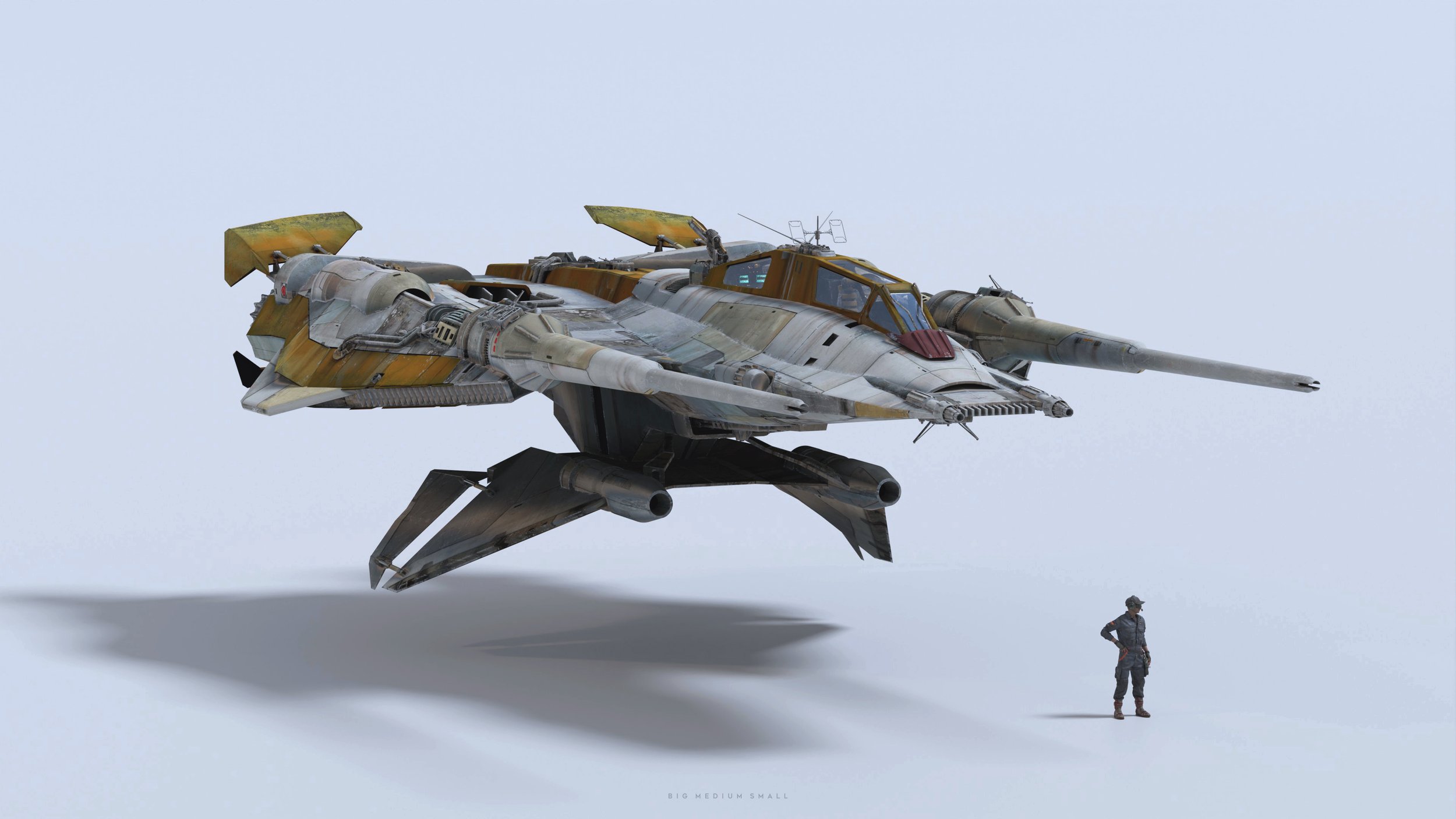 the image is a 3d rendering of a futuristic spaceship, seemingly a fighter or bomber craft, hovering against a stark white background. the spaceship has a weathered, worn appearance, featuring a mottled paint job in shades of beige, brown, and yellow suggesting desert camouflage or heavy use. it boasts a prominent, elongated gun barrel or cannon on its right side. the spaceship's design is complex, with multiple wings, engines, and structural elements visible.  the image uses perspective to emphasize the size of the spaceship by including a miniature scale figure of a soldier standing on the ground below, giving a sense of scale to the impressive size of the starship.  the subtle shadow cast by the spaceship adds depth to the image. the watermark "big medium small" appears faintly in the bottom center.