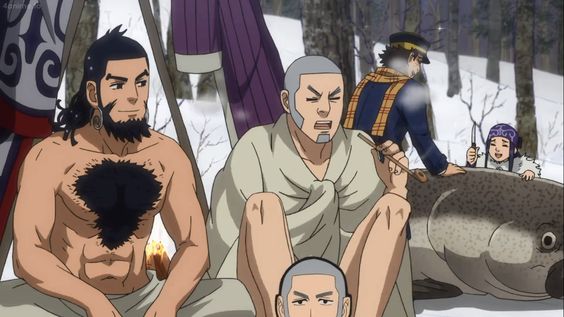 the image shows a group of men sitting around a fire in the snow. they are wearing traditional japanese clothing and one of the men is smoking a pipe. there is a large fish in the foreground and a young boy is sitting on top of it. the background is a snowy forest.