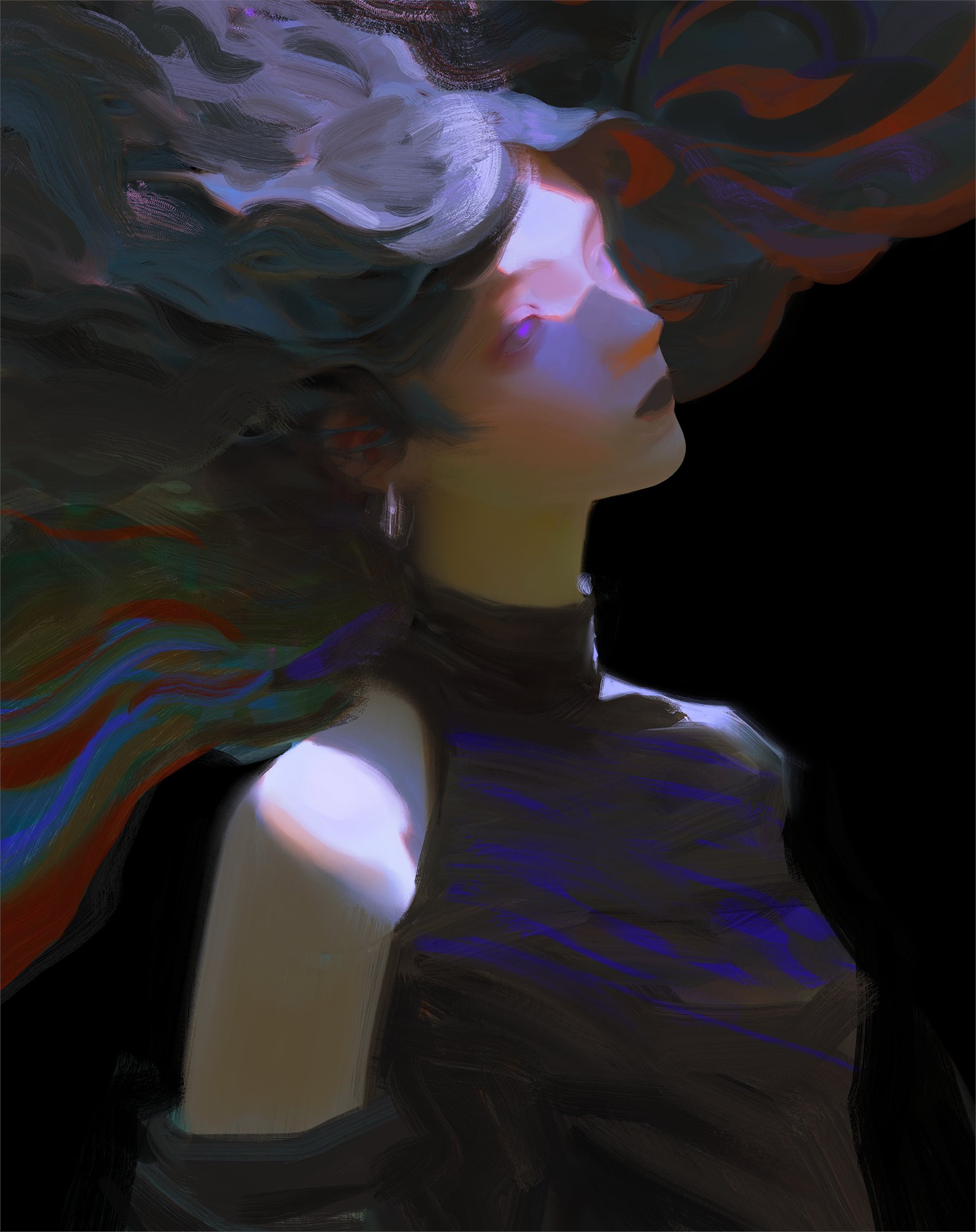 a digital art painting of a woman's portrait with colorful, abstract hair and a dark background. the woman is looking up with a mysterious expression, as if lost in thought or gazing at something in the distance. the colors are soft and muted, creating a sense of dreamlike atmosphere. the painting is styled with a strong sense of depth and detail, showcasing the artist's skill and imagination.  the overall effect is intriguing and captivating, leaving the viewer to wonder about the woman's story and what she is experiencing.