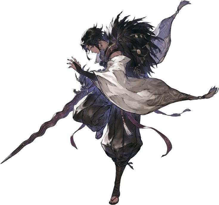 the image showcases a male character, likely a warrior or fighter from a fantasy setting, captured in midaction. he's clad in flowing white and dark gray attire reminiscent of traditional japanese clothing, accented with black feathers. he wields a long, ornate sword, its blade trailing behind him as he leaps. his pose is dynamic and suggests swift, agile movement. the illustration is rendered against a plain white background, emphasizing the character and his attire. the overall palette is muted, dominated by whites, grays, and blacks, which accentuates the details and textures of the clothing and the character's design.