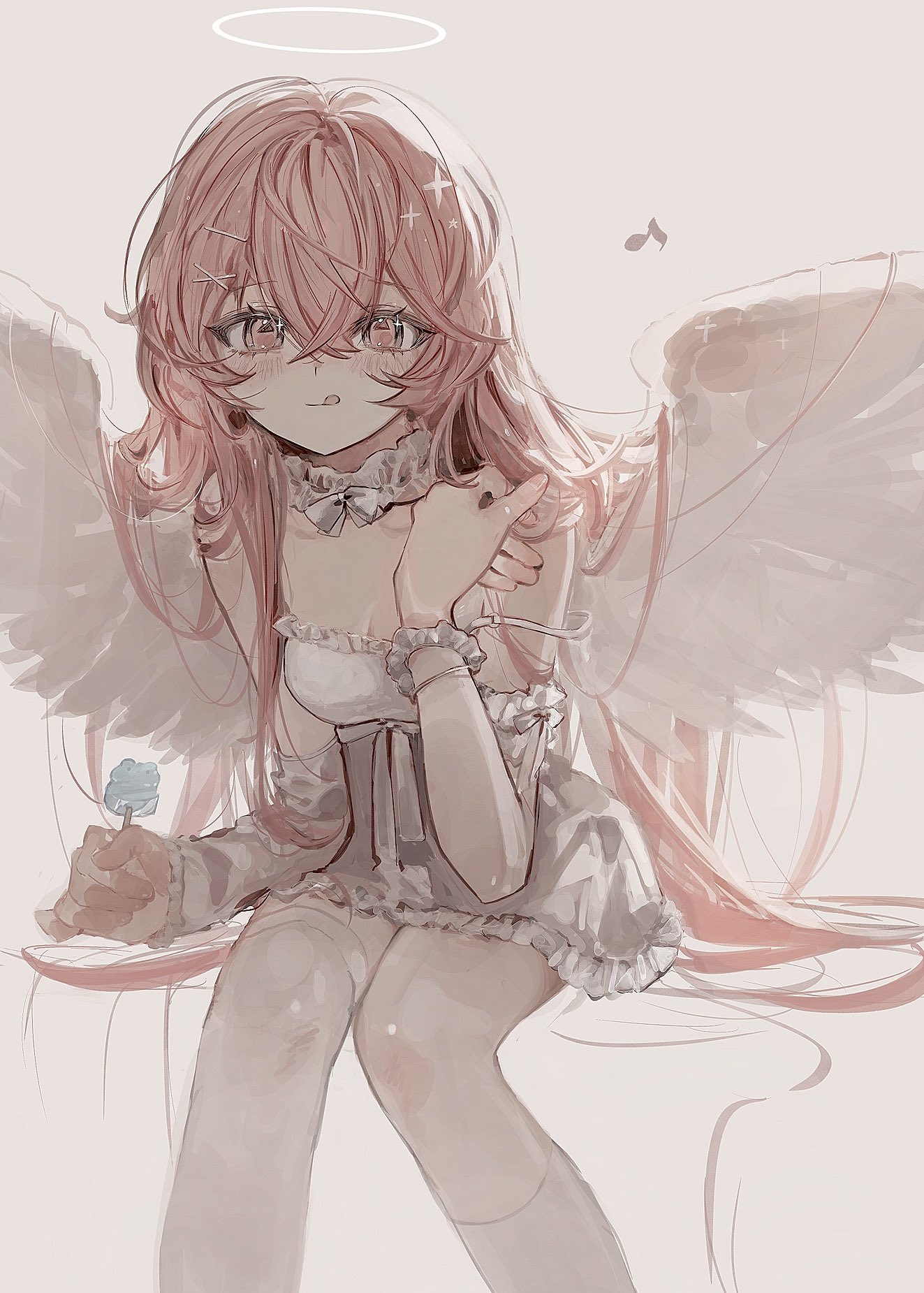 an anime girl with pink hair, an angel halo, and wings holds a lollipop and wears a dress and stockings. a music note floats nearby.