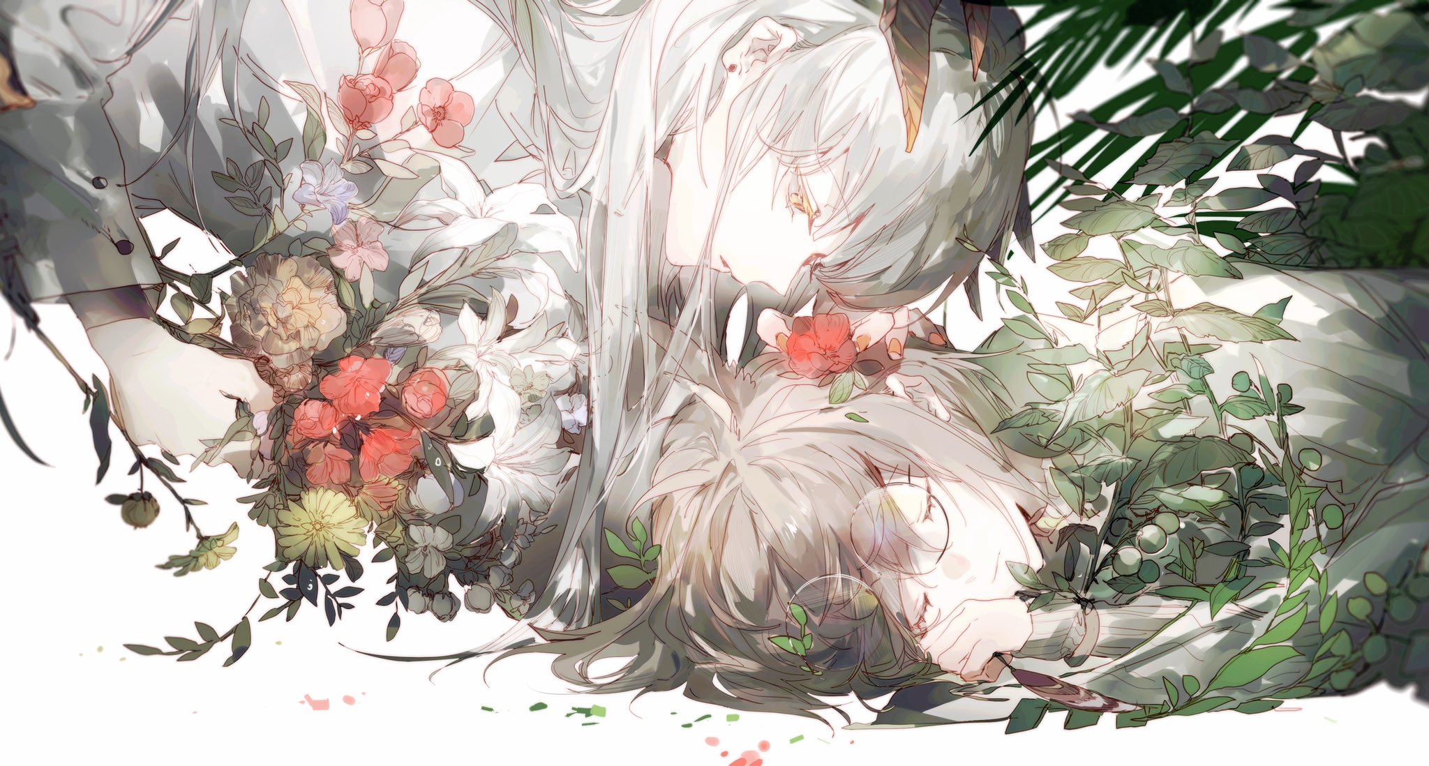 a digital painting of two animestyle figures lying down surrounded by flowers and plants. one figure has white hair and the other has gray hair. they are wearing lightcolored clothing. the image is romantic and peaceful in tone.
