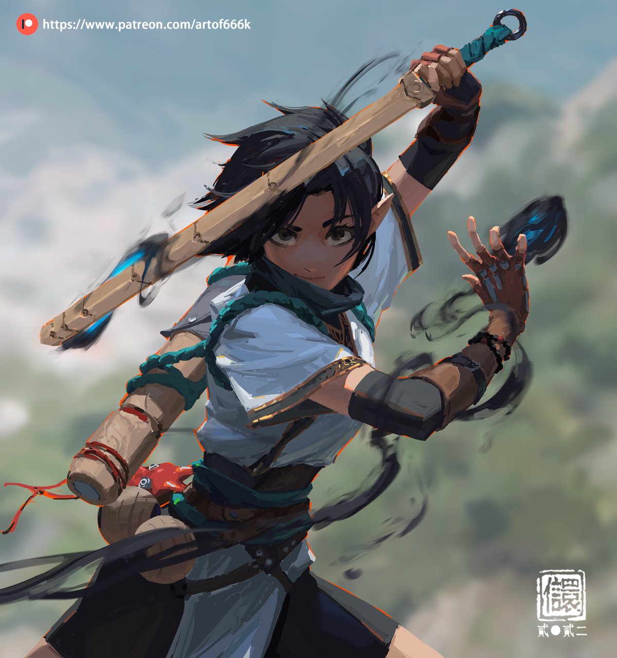 the image is a digital painting of an animestyle female character in action. she has dark hair, and she's wearing a lightcolored outfit with teal accents. she's wielding a long wooden staff, which is glowing with dark and teal energy at its ends. dark, swirling energy is visible around her hands. her expression is serious and determined. the background is blurred, suggesting movement and depth. the artwork is highly detailed and expressive, showcasing the character's dynamic pose and the magical energy she's wielding.  a patreon url is included in the top left corner, and a stylized asian seal is in the bottom right corner.