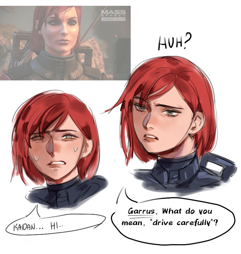 the image shows fanart based on the mass effect video game series, featuring commander shepard, kaidan alenko, and garrus vakarian. a reference image of shepard from the game is in the upper left corner, while two drawn depictions of her are below. in one drawing, shepard is blushing with the speech bubble "kaidan... hi.." in the other drawing, shepard looks confused with the speech bubble "huh?" and dialogue "garrus, what do you mean, "drive carefully"?"