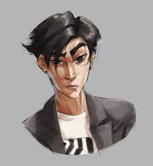 a digital illustration of a young man with black hair and sharp eyebrows. he wears a black jacket over a white shirt with black and white striped detail. the background is a solid gray.