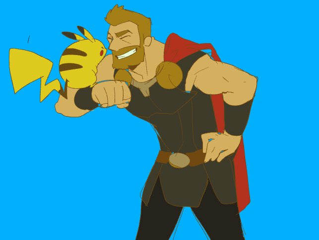 a cartoon image of thor, the god of thunder, holding pikachu, a yellow pokemon. thor is depicted as a tall, muscular man with a red cape and black armor. he is smiling and looking down at pikachu. pikachu is smiling and looking up at thor. the background of the image is blue.