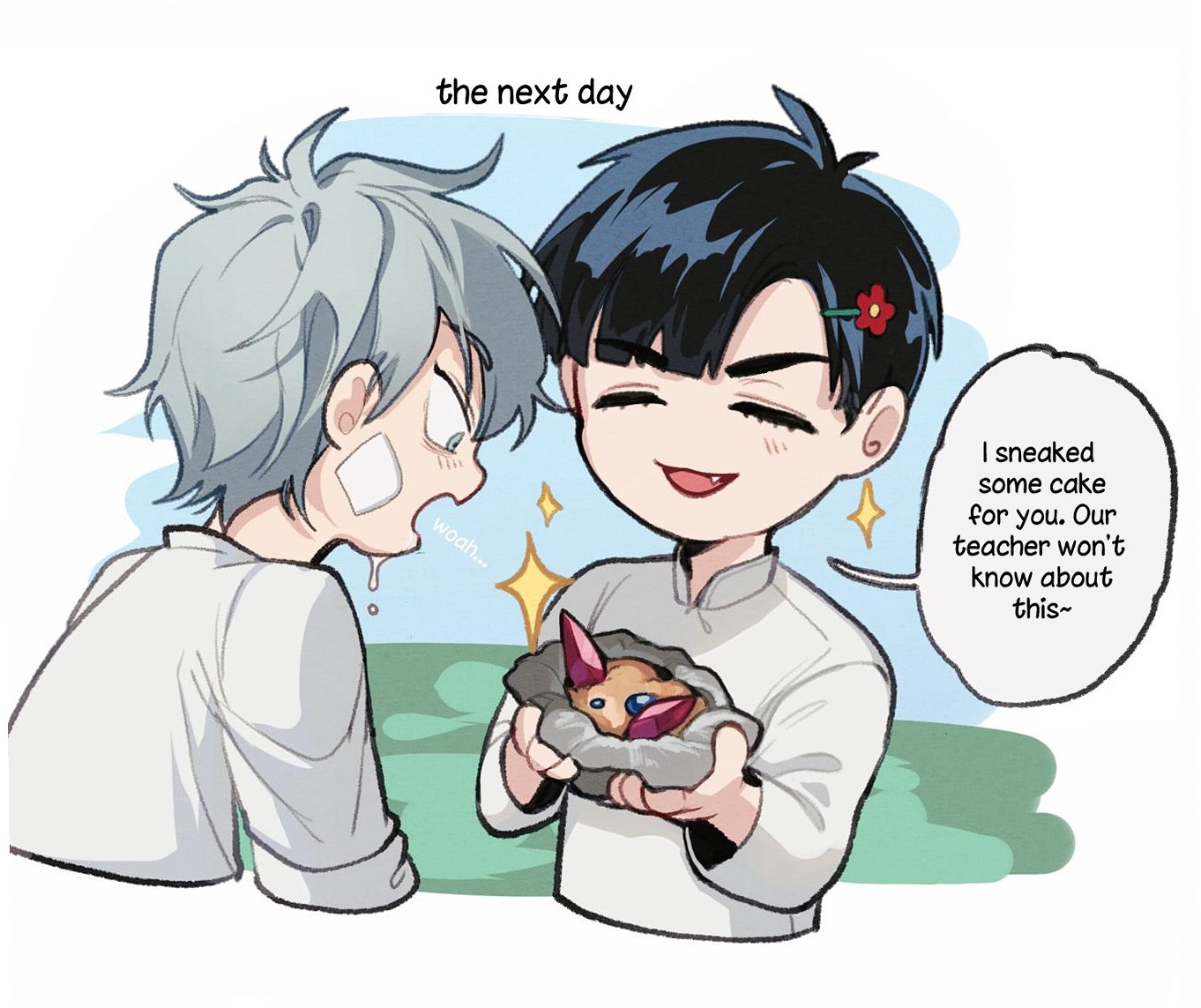 the image is a cartoon depiction of two boys, one with silver hair and the other with black hair. the boy with black hair is smiling and holding a small cake in a container for the boy with silver hair, who looks surprised. both boys are wearing white shirts and are set against a green background. the boy with black hair has a small red flower behind his ear.