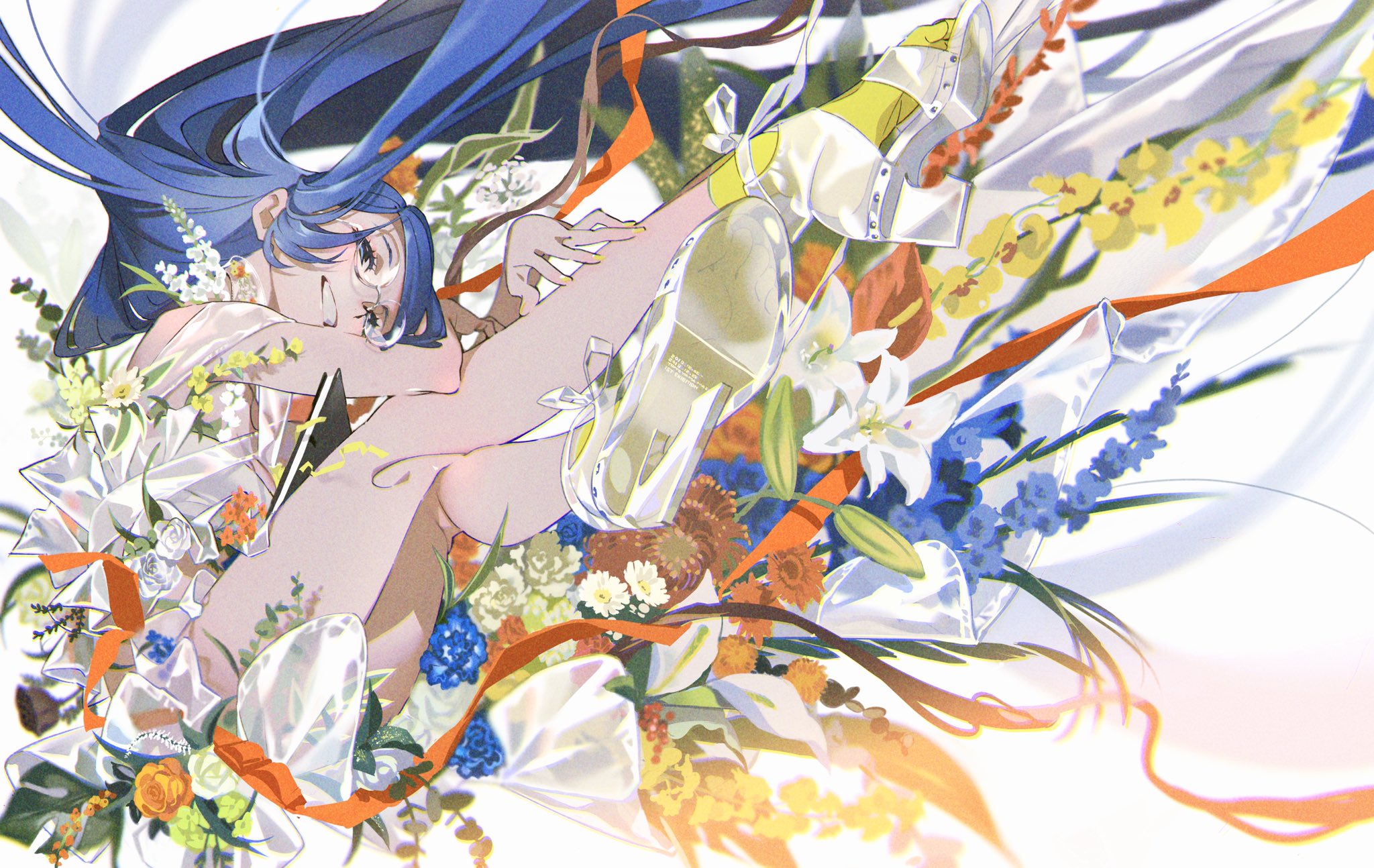 an anime girl with flowing blue hair and a white dress is sprawled playfully amid a vibrant burst of flowers and ribbons. the art style is dynamic and expressive, capturing a moment of joy and whimsy. the color palette is bright and cheerful, with soft lighting further enhancing the playful atmosphere.
