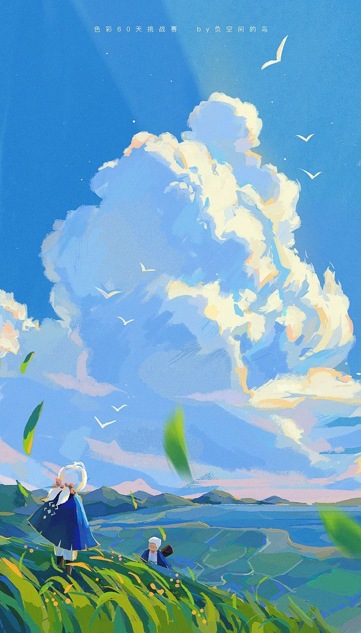 a painting of a landscape with a large cloud formation in a blue sky. there are several birds flying in the sky. in the foreground, there is a grassy hill with two people on it. the background features water and a distant shoreline.