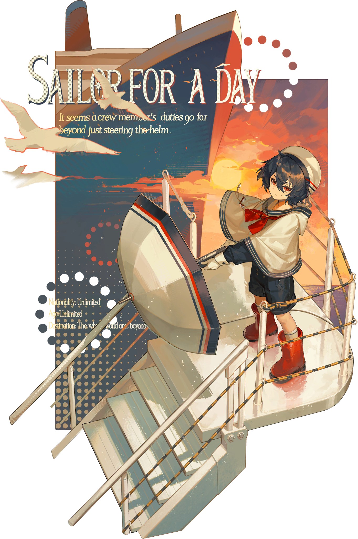 the image is a digital painting or illustration featuring an animestyle girl dressed in a sailor outfit. she's standing on the stairs of what appears to be an ocean liner, holding a large umbrella. the background depicts a vibrant sunset over the ocean, with birds flying in the sky. the overall style is whimsical and evocative of adventure and travel, with text hinting at a deeper meaning behind a sailor's duties.  the color palette is warm and inviting, emphasizing the sunset and the girl's attire.  the overall aesthetic suggests a fantasy or imaginative take on maritime life.