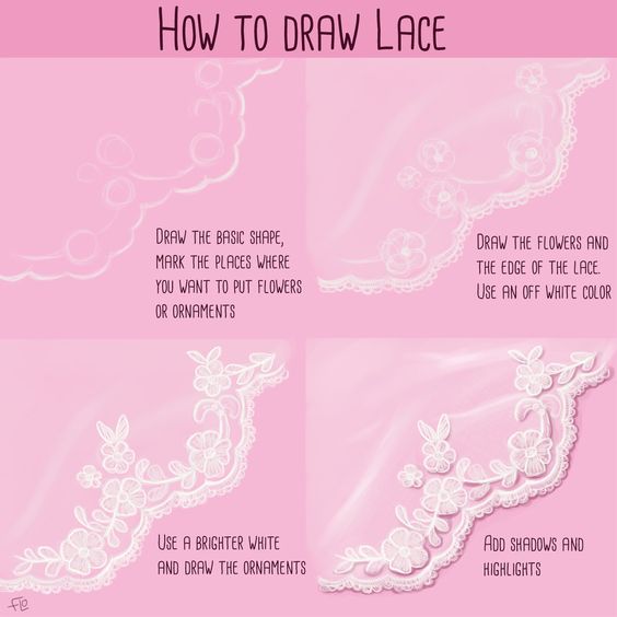 the image is a tutorial on how to draw lace. it is divided into four steps, each with a caption and an illustration. the steps are: 1. draw the basic shape and mark the places where you want to put flowers or ornaments. 2. draw the flowers and the edge of the lace using an offwhite color. 3. use a brighter white and draw the ornaments. 4. add shadows and highlights.
