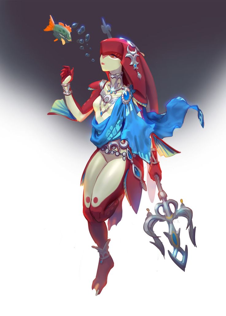 a fullbody digital art depiction of mipha from the legend of zelda: breath of the wild. she is floating in a pose with one hand extended towards a fish swimming next to her. she is holding her trident and wearing her signature blue garb. bubbles float near her head. the background is a gradient of dark gray to light gray.
