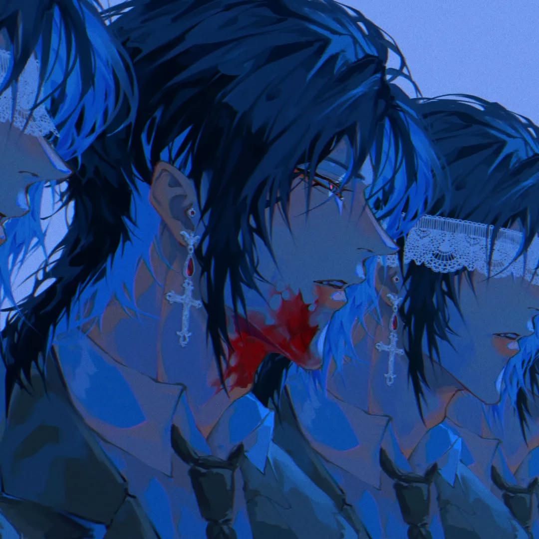 the image is a digital painting or illustration in a distinctly anime/manga style.  it depicts a closeup, sideprofile view of several men with long, dark blue hair. they appear to be in a line, very close together. each character has a crossshaped earring and a lace blindfold or head covering partially obscuring their eyes. one of the prominent figures displays a bloody wound on their neck or jawline, suggesting injury or violence. the overall color palette is predominantly dark blue, creating a moody and mysterious atmosphere. the style is stylized and fashionforward, with a hint of gothic influence due to the dark colors, cross imagery and the implied injury.