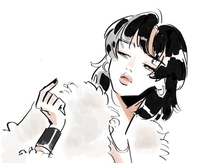 the image is a stylized sketch or drawing of a young woman. she has dark hair, and is wearing a white fur coat or jacket. her makeup is noticeable, and she is striking a pose, with one hand gesturing. the style is fashionable and expressive, with loose lines and a somewhat abstract quality.  the overall impression is one of confidence and style.