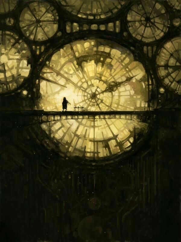 a lone figure stands on a narrow walkway, dwarfed by the immense scale of the clockwork structure surrounding them. the scene is dominated by a giant, intricate clock face bathed in a warm, ethereal glow. the architecture suggests a blend of industrial and fantastical elements, hinting at a world where time itself is a tangible force.