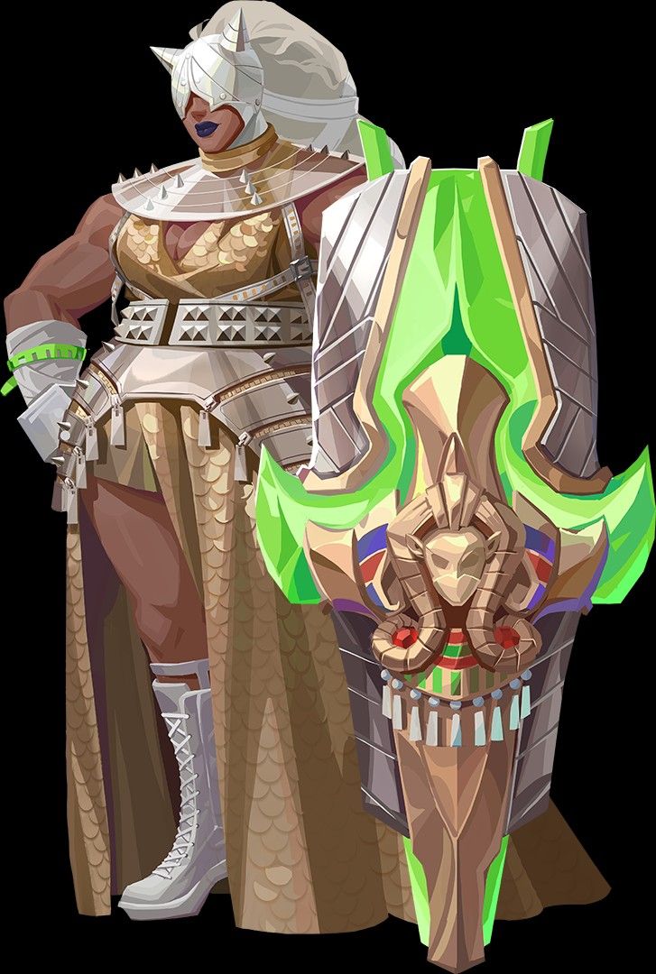 the image showcases a powerful female warrior character, possibly from a video game or fantasy setting.  she's depicted in a dynamic pose, standing confidently with a large, intricately designed shield. her armor is a blend of ancient egyptianinspired motifs (including rams' heads on the shield) and modern elements, featuring a gold and scalelike design over her body and a white, horned helmetlike mask. the shield's vibrant green accents contrast with the primarily gold and beige tones of her outfit. the overall style is a mix of fantasy and digital art, suggesting a strong and majestic character. the character’s muscular physique and assertive stance emphasize her strength and power.