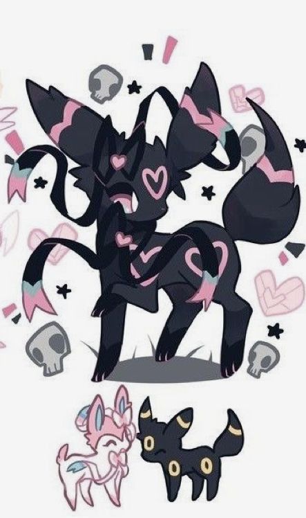 this is a cartoon image of two pokemon. umbreon is on the bottom right and espeon is on the bottom left. both pokemon are smiling and are surrounded by a heart theme, stars, and skulls.