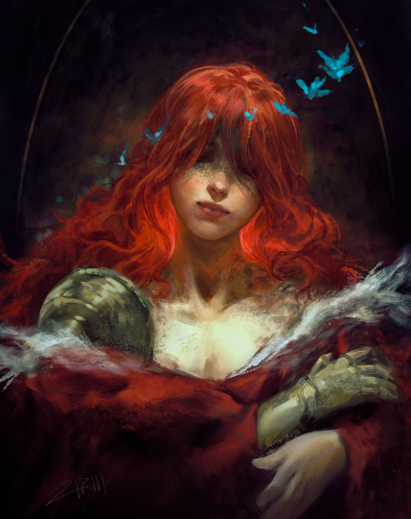 the digital painting depicts a melancholic woman with vibrant red hair that partially obscures her face. her eyes are closed, giving her a serene yet sorrowful expression.  she's dressed in a deep red gown, and a partially visible armored hand rests near her.  a helmetlike object is partially visible near her shoulder.  small, light blue butterflies flutter around her head, adding to the dreamlike and mystical atmosphere. the overall mood is somber and ethereal, with the soft focus and dramatic lighting enhancing the painting's emotional impact. the background is dark and indistinct, drawing attention to the central figure. the style is painterly and expressive, characteristic of digital fantasy art.