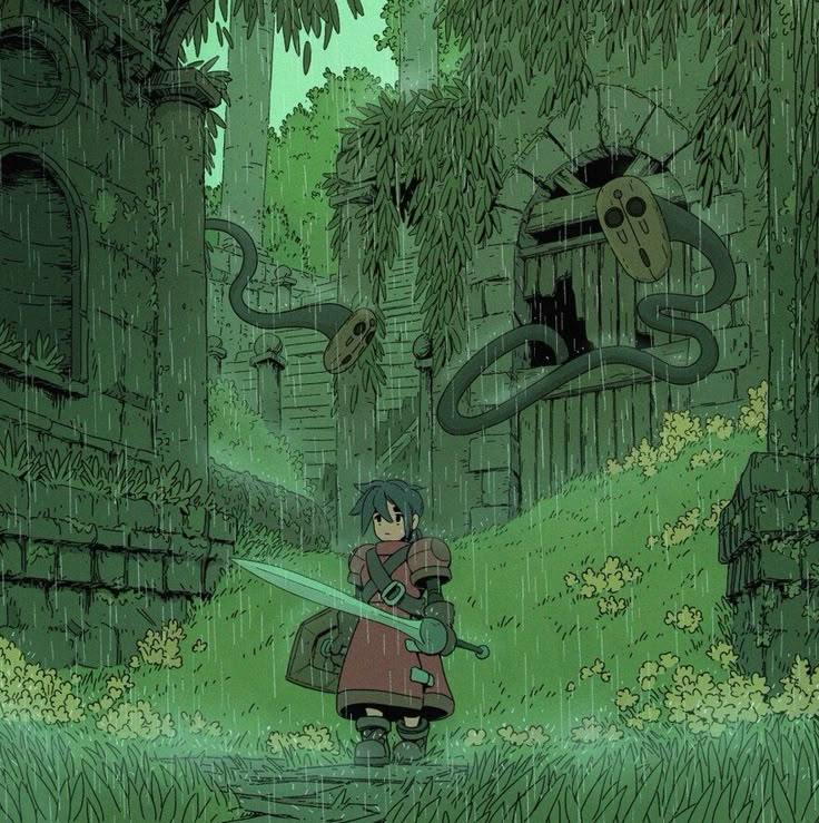 an anime style illustration shows a young warrior in red armor walking on a grassy path in a village in the rain. the warrior is holding a sword and shield. the village buildings are made of stone and covered in foliage. there are ghosts with masklike faces floating in the air, and a cat behind one of the doors.