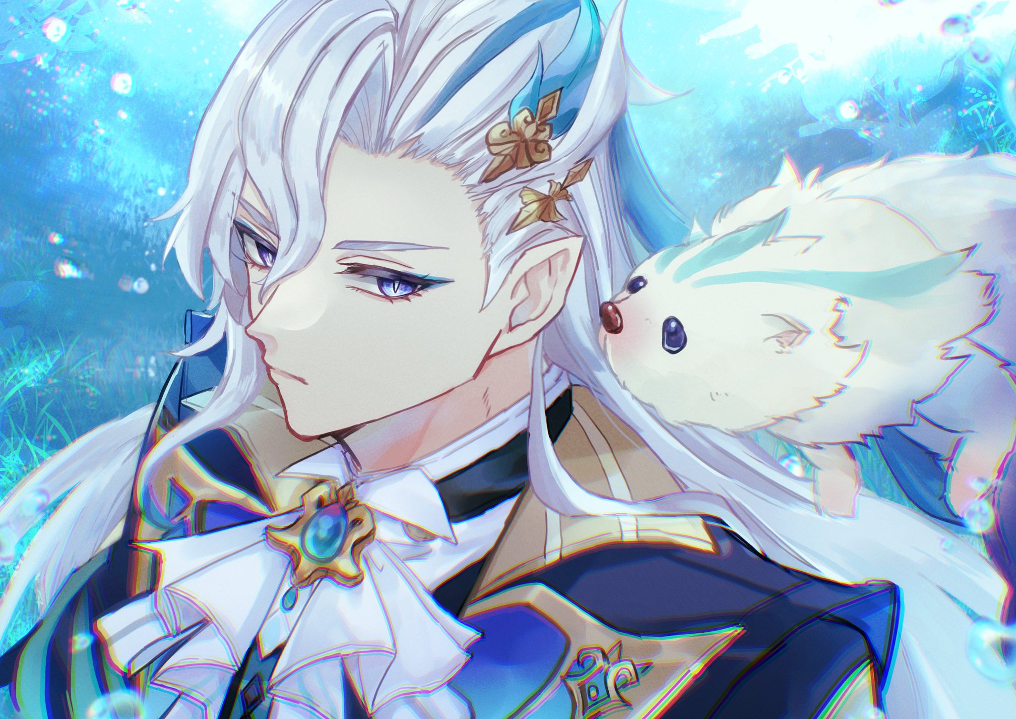 an anime boy with white hair and blue eyes. he is wearing a white bow tie and a gold and blue jacket. he has a white furry animal with blue markings on it resting on his shoulder. the background is a blur of blue and white water. the image has a fantasy feel.