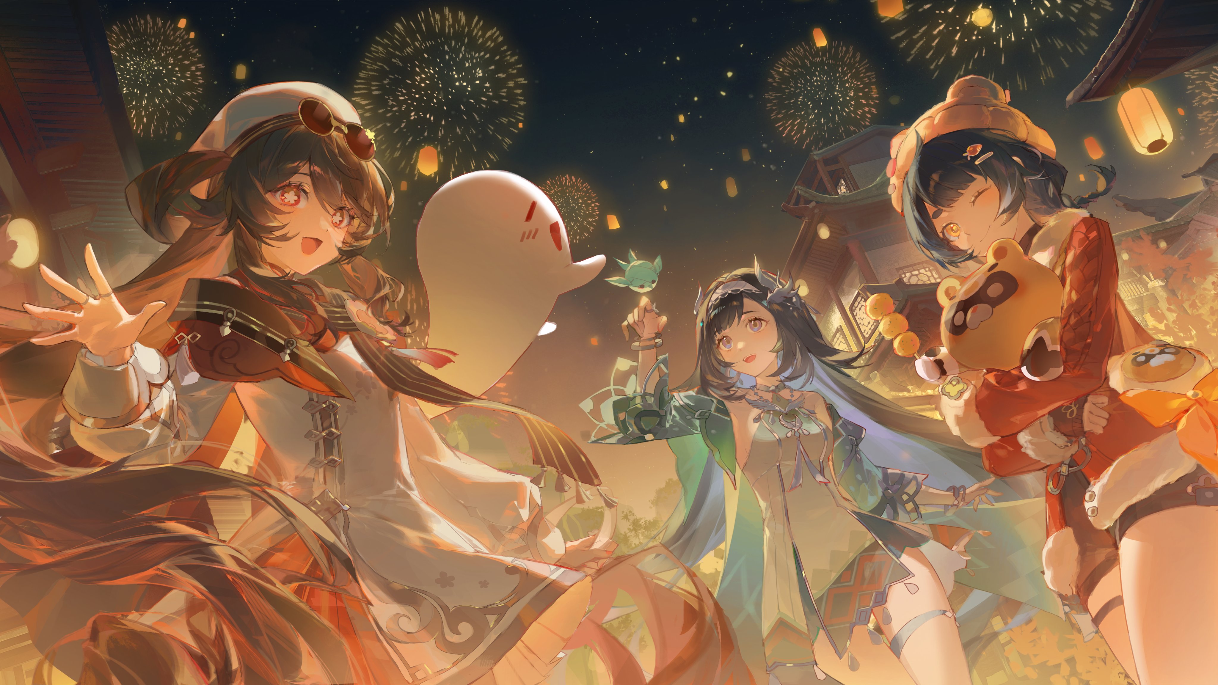 the image is a vibrant digital painting depicting four animestyle girls celebrating a festival at night. the background features fireworks and glowing lanterns, creating a festive atmosphere. the girls are dressed in colorful, traditionalstyle clothing and accessories.  three of the girls are prominently featured, each with distinct appearances and expressions. one girl is holding a large plush toy, while another seems to be carrying a musical instrument. a whimsical, ghostly character floats near them. the overall style is cheerful and enchanting, suggestive of a scene from a fantasy video game or animation.  the warm color palette and attention to detail enhance the image's dreamy quality.