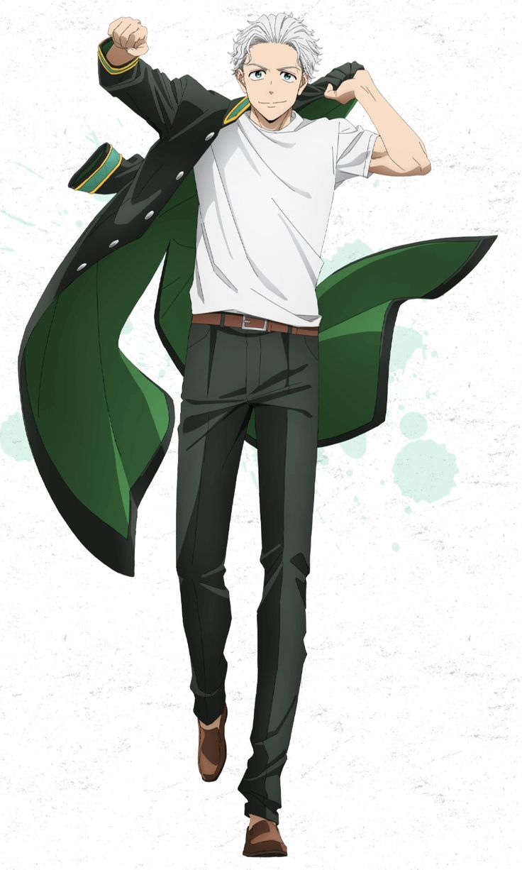 a young man with spiky white hair and teal eyes  is shown in a dynamic pose. he's wearing a white tshirt, dark green pants, and brown loafers. his green jacket with gold trim is partially off, draped over his arms as if he's just shrugged it on or off. he is striding forward, giving a sense of confidence and energy. the background is a textured white with stylized green splatters.