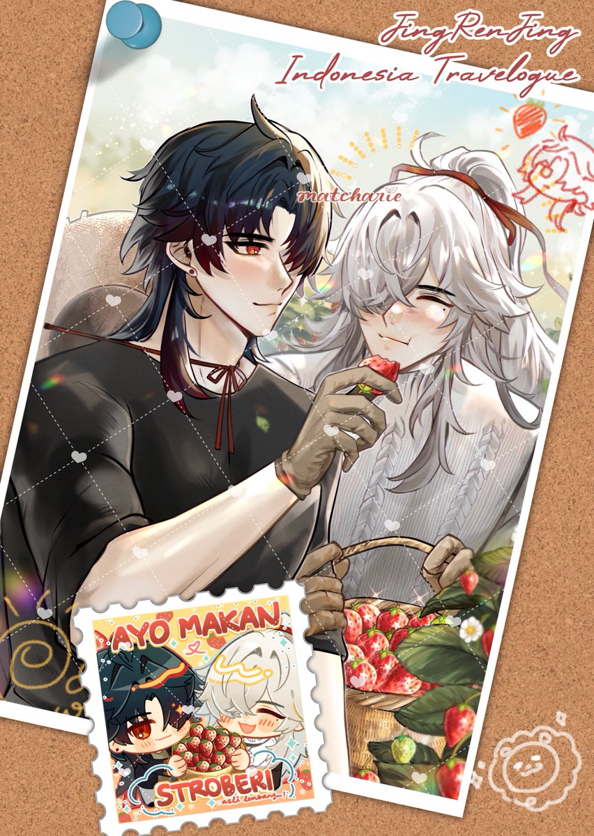 the image depicts a romantic scene of two anime boys enjoying a strawberry picnic. the boy with black hair is feeding the boy with white hair a strawberry while both are smiling at each other. there is a basket full of strawberries in front of them and a stamp with a chibi version of the two boys is in the foreground. the scene is set in a beautiful garden. the image is captioned "fing ren fing" and "indonesia travelogue" which suggests that the image is part of a larger series of illustrations showcasing the travels of these two boys in indonesia.  the style of the artwork is cute and romantic, and the overall message is one of love and happiness.