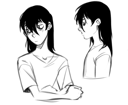 this is a black and white sketch of a young man with medium length dark hair and a tired expression.  the image shows both a front and side view of his head and shoulders. he is wearing a tshirt.