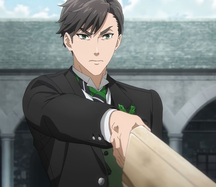a man in a black suit with a green tie is holding a sword in his right hand. he is smiling slightly and looking directly at the viewer. the background is a stone building. he is likely an anime character.