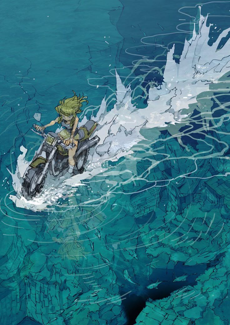 an anime style illustration depicts a young woman riding a motorcycle through water, creating a splash. the underwater scene reveals fish and submerged structures.