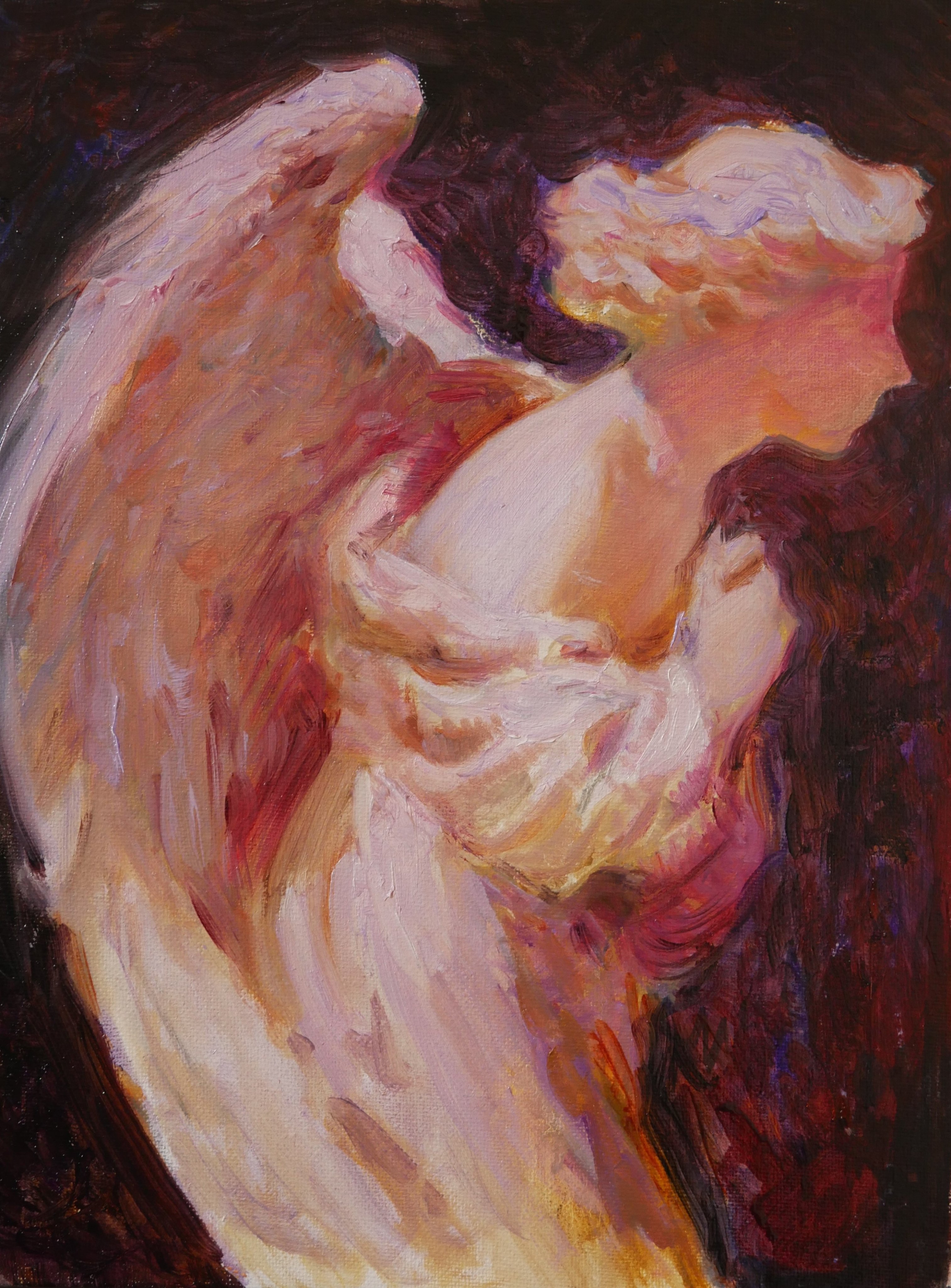 a painting of an angel with soft, feathery wings. the angel is rendered in a painterly style, with visible brushstrokes and textured paint. the colors are muted and ethereal, evoking a sense of peace and tranquility. the angel's face is turned away from the viewer, creating a sense of mystery and intrigue. the overall effect is one of beauty, grace, and spirituality.