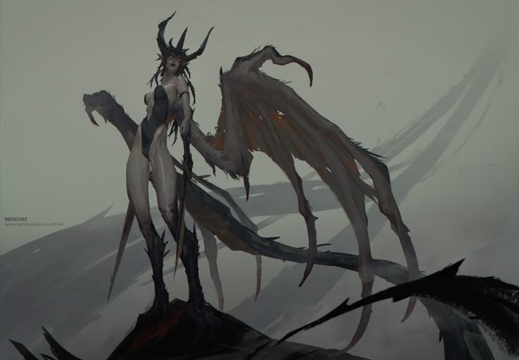 the image depicts a tall, slender female demonlike figure with dark skin, horns on her head, and large, tattered wings. she stands on a rocky outcrop. she has a long tail. the overall tone of the image is dark and menacing.