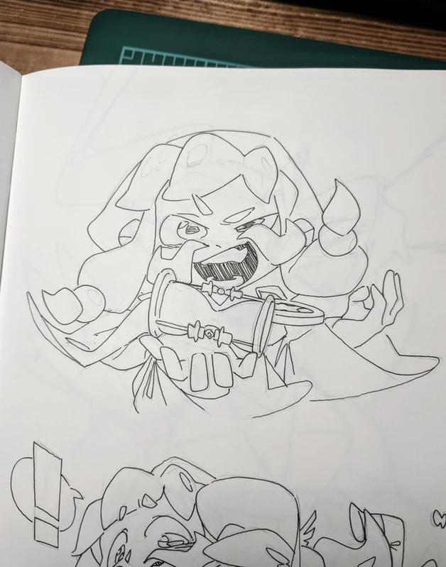 a sketch of a cartoon girl, drawn in ink on paper. the character has long hair and a big smile. she is holding a weapon in her hands. the drawing is very detailed and welldone. the girl appears to be a cartoon character from a video game or anime show.