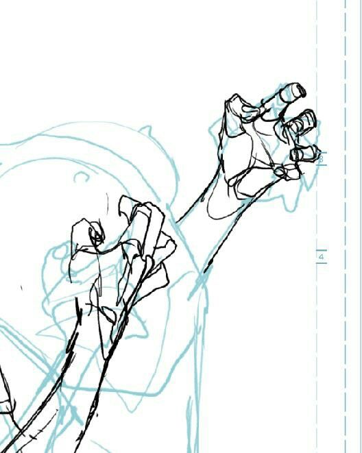 the image shows a detailed pencil sketch of a hand and arm reaching upwards. the arm appears to belong to a larger figure, suggested by faint, lightblue underdrawing lines that hint at a body and head. the style of the drawing is expressive and dynamic, focusing on capturing movement and gesture.  the hand is meticulously drawn, with visible details in the fingers and knuckles.  the sketch appears to be a work in progress, possibly a preliminary study for a larger illustration or comic panel, as indicated by the presence of light blue guidelines possibly from design software. the overall tone is dynamic and slightly dramatic.