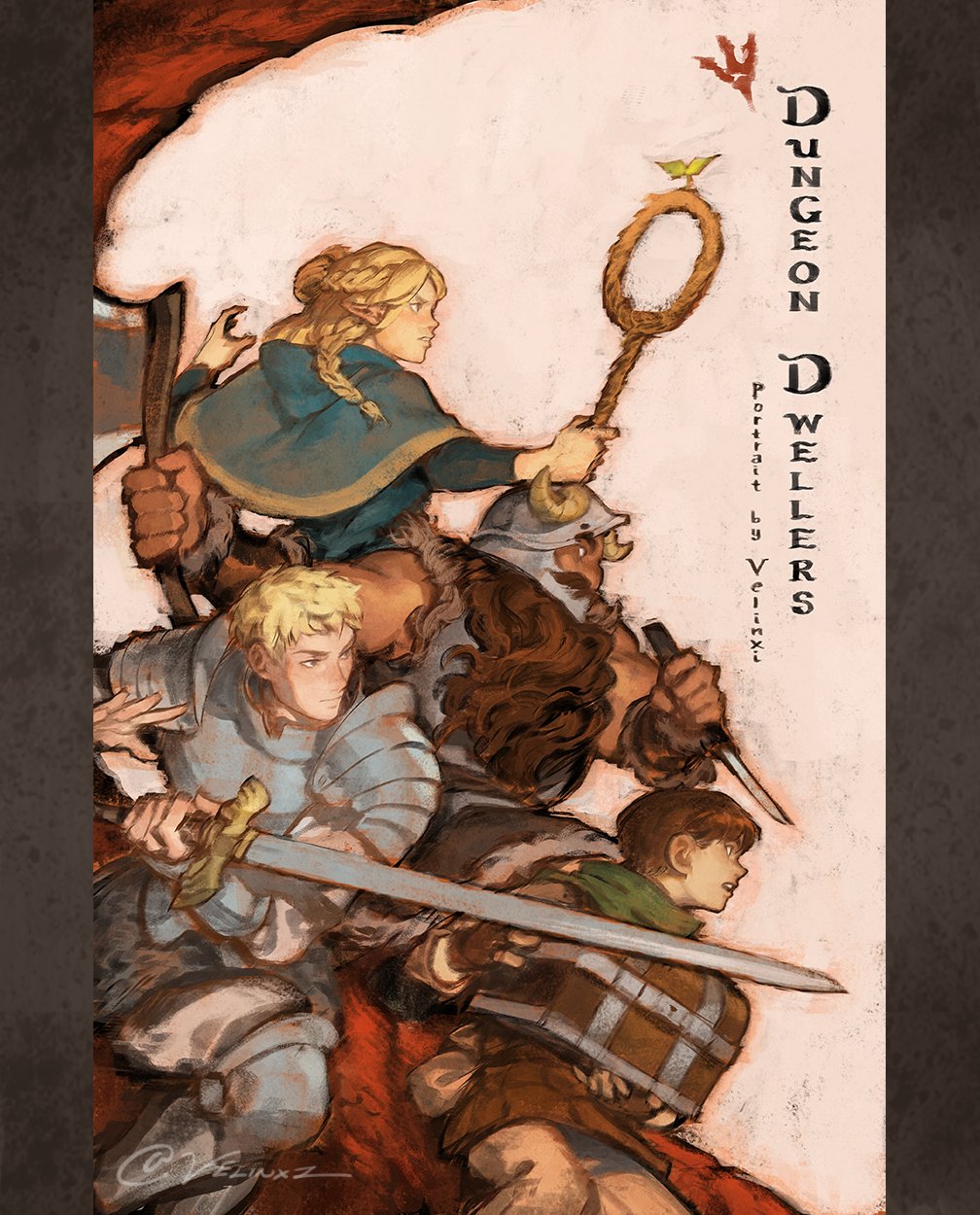 a group of fantasy characters, including an elf, a dwarf, a knight, and others, are depicted in a dynamic pose, suggesting they are on an adventure. they are armed with swords and axes, and the style of the artwork is reminiscent of medieval illustrations. the title "dungeon dwellers" and the artist's name "velinxz" are visible.